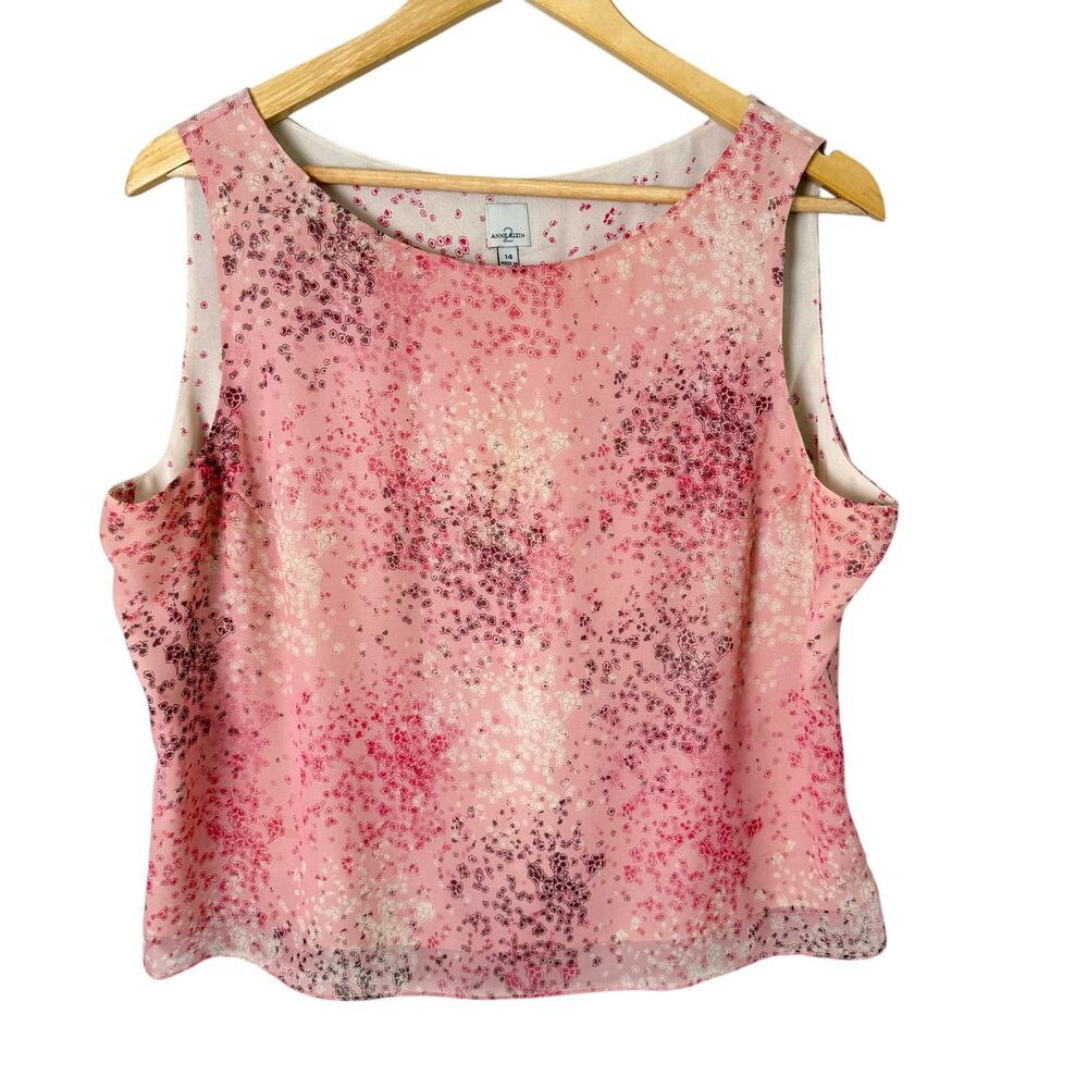 Anne Klein Pink Floral Chiffon Tank‎ Top Semi-Sheer Side Zipper, Size 14
